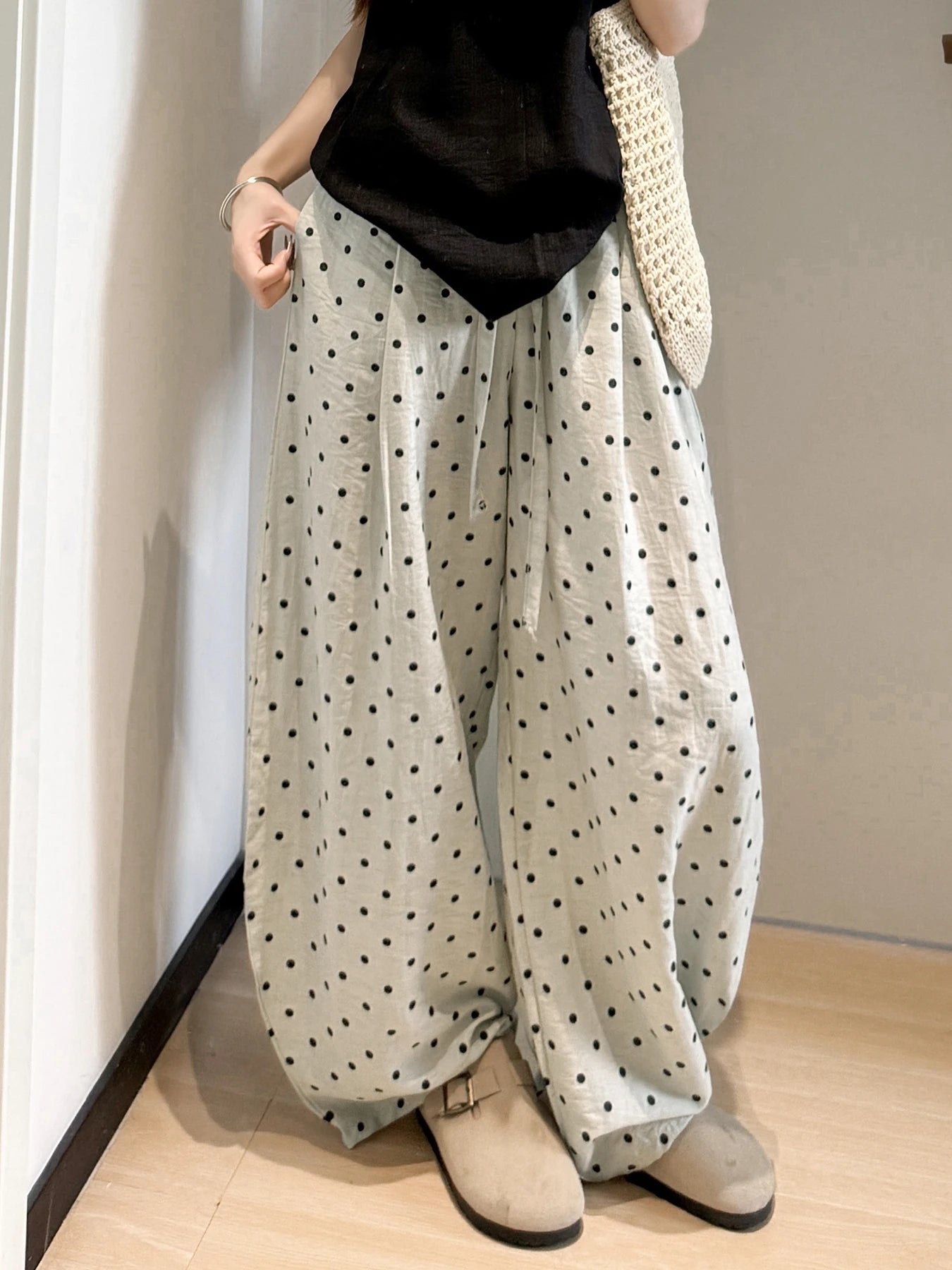Linen polka dot wide-leg pants for women's summer, thin high-waisted loose and laid-back style Yamamoto pants, casual straight-l